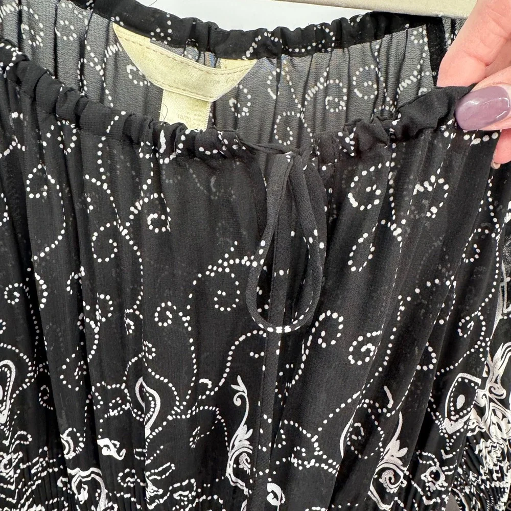 Vtg Black White Boho Peasant Top Sheer Crinkle 3/4 Sleeve Floral Scroll Print XL - Picture 4 of 8